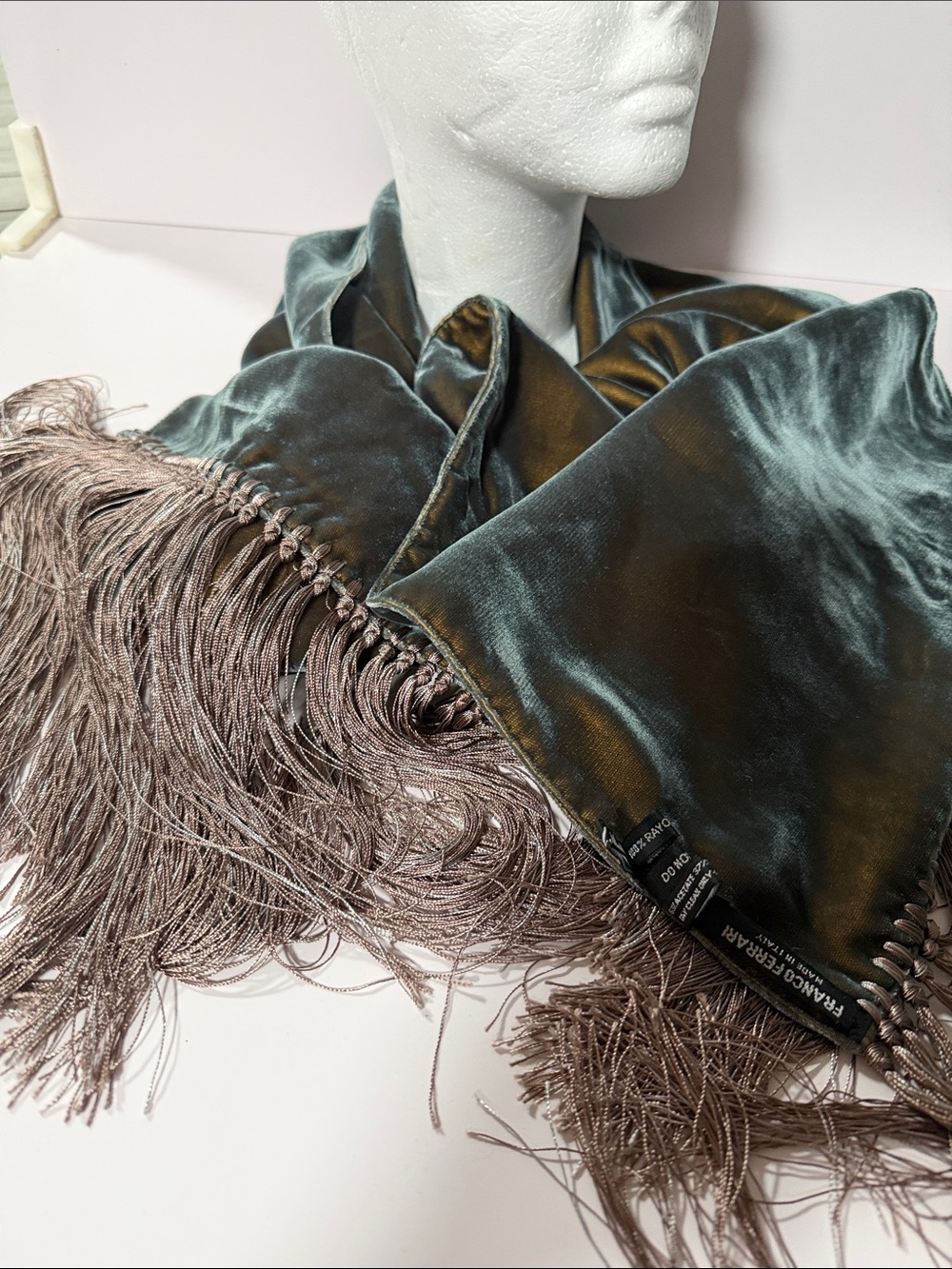 Ferrari Teal Velvet Scarf with Taupe Fringe